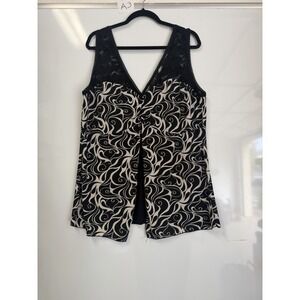 Women's Abstract Print V-Neck Tank Top Black‎ Cream Lace Trim Sleevele